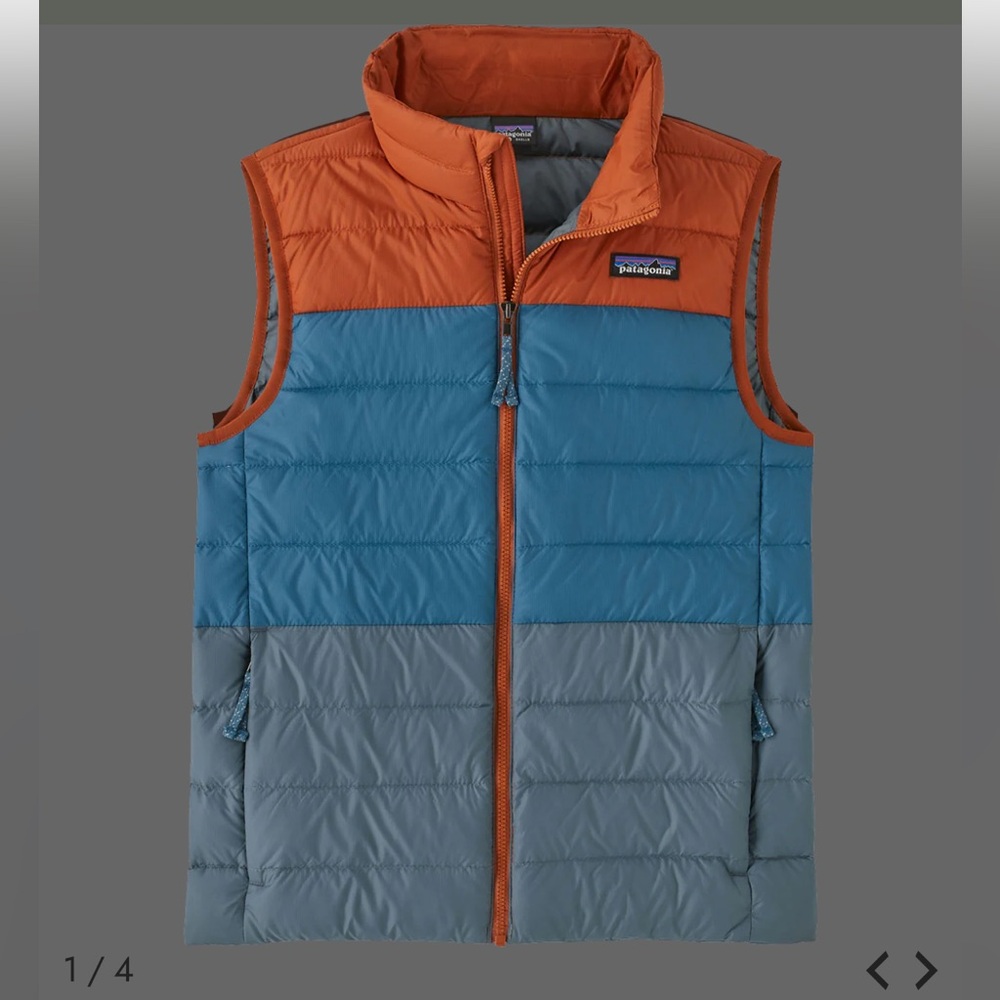 Patagonia Kids Classic Colorblock Puffer Vest - Orange and Blue. Size Small.